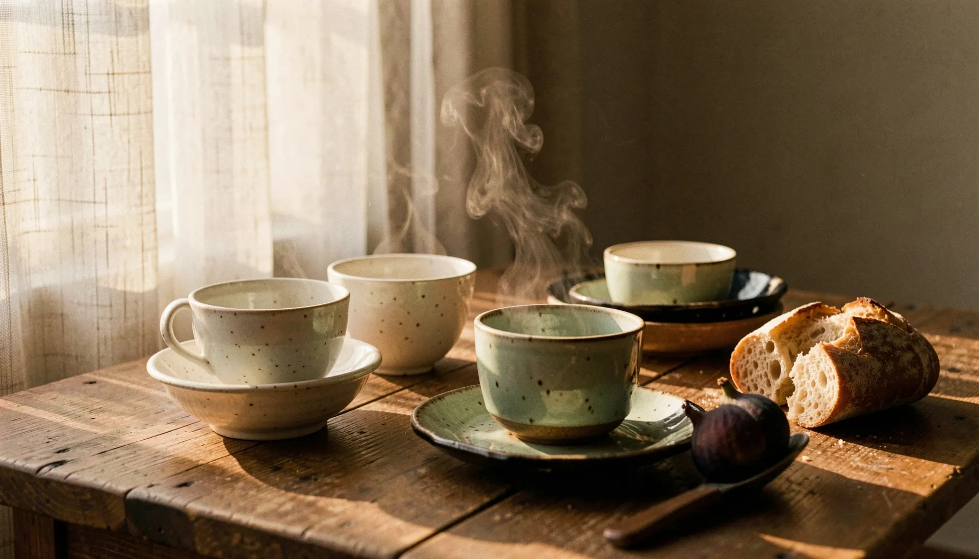 A breakfast table at dawn laid with speckled white, pale green and glossy black stoneware